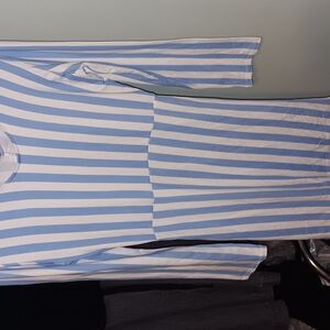 Blue and White Striped Long Sleeve Top Dress With Open Back